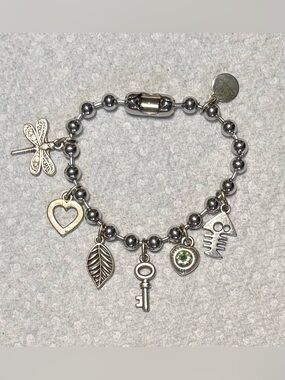 Silver Tone Beaded Charm Bracelet with Green Crystal Accent - Women Jewelry